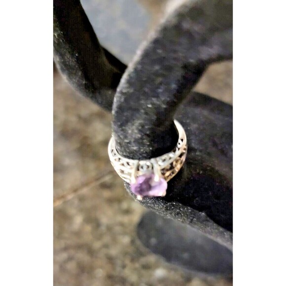 Round Amethyst, gemstone Art Deco design Sterling Silver 925 Ring Filigree sz 5 - Picture 12 of 14